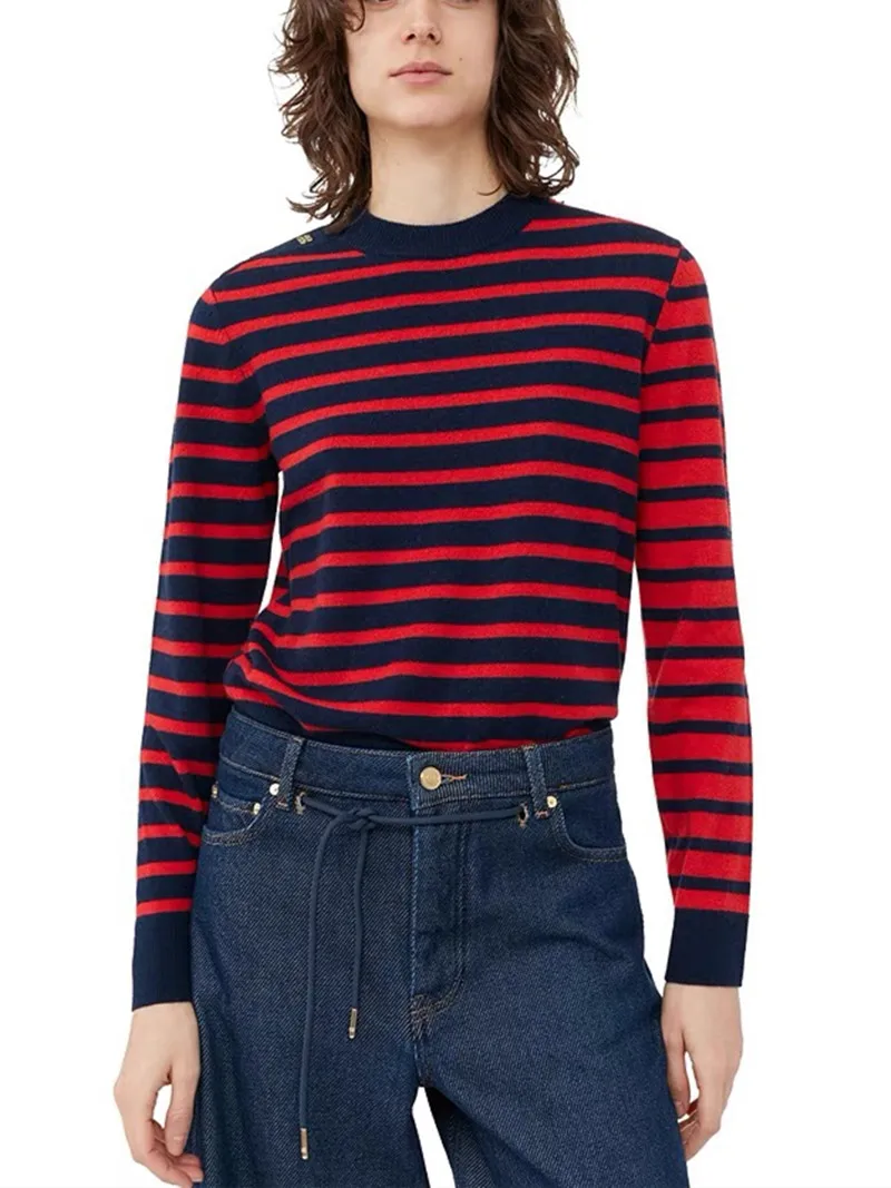 

Shoulder Diamond Women's Round Neck Long Sleeve Sweater Autumn Winter Lady Contrast Color Striped Knitted Pullover 2023 New