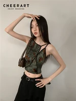 CHEERART – haut court à fleurs vintage pour femmes, sans manches, vert, vêtements de créateur, vêtements de luxe 1