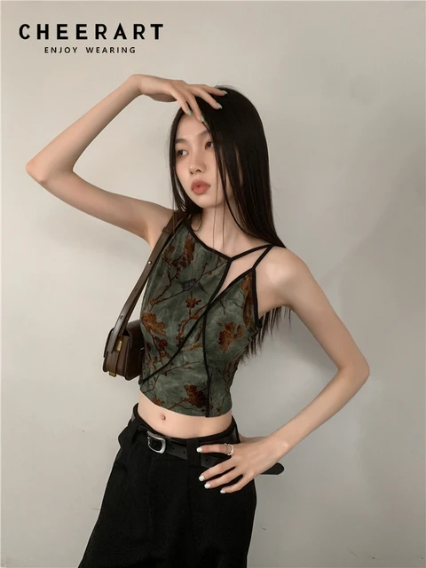 CHEERART – haut court à fleurs vintage pour femmes, sans manches, vert, vêtements de créateur, vêtements de luxe 1