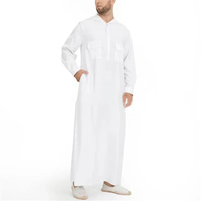 Muslim Hooded Robes Multi-pockets Kaftan Middle East Buttons Jubba Thobe for Men