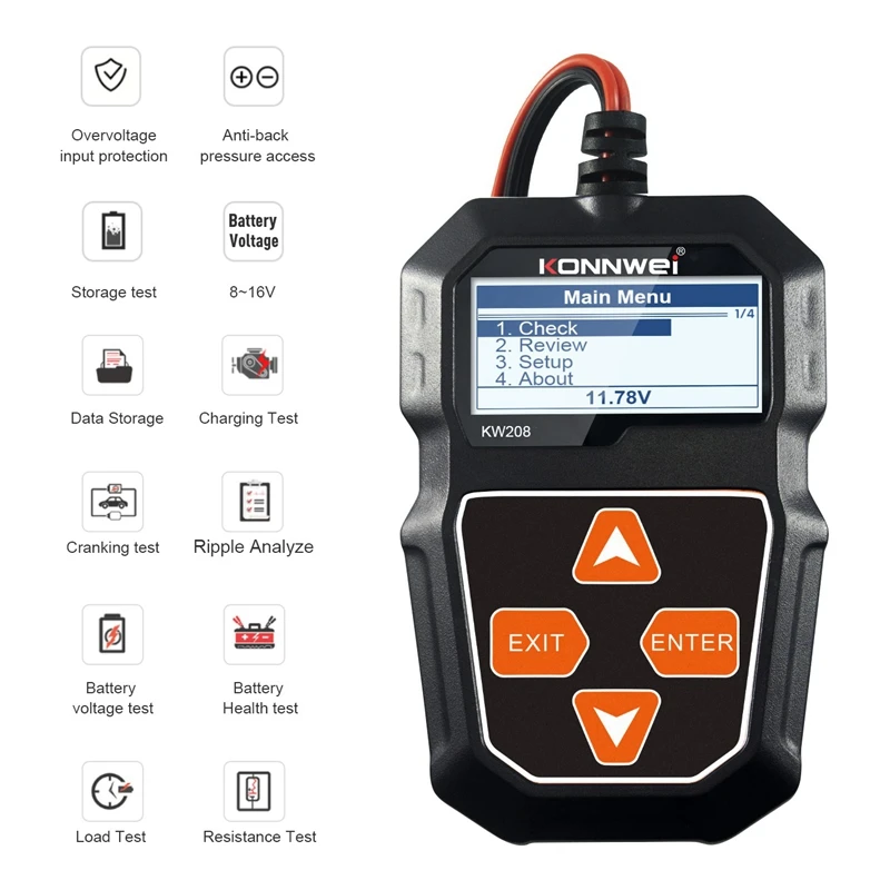 KONNWEI 자동차 디지털 배터리 용량 테스터 테스트 도구, KW208, 12V, 100-2000CCA