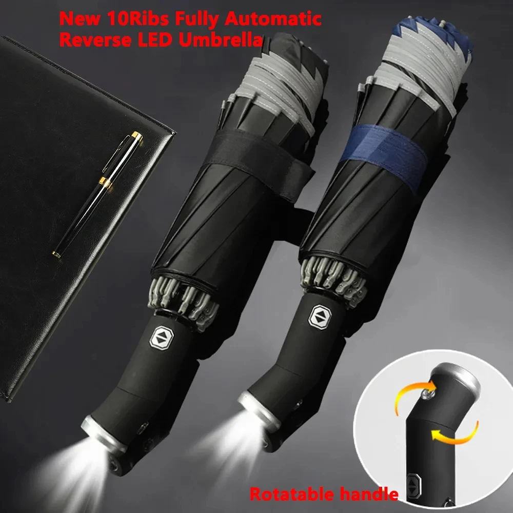 Automatic Umbrella Fully Automatic Reverse Folding With LED Flashlight 10Ribs Windproof Reflective Stripe UV For Sun Or Rain Day