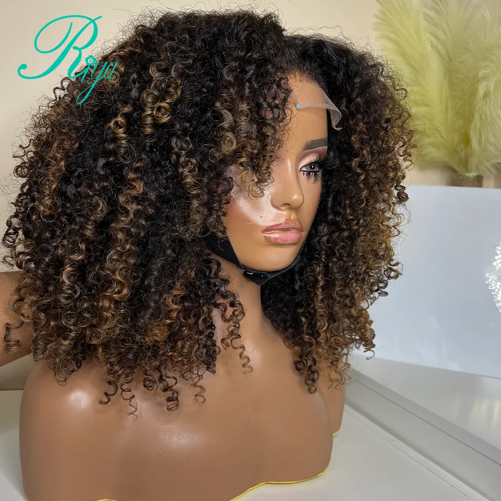 Brazilian Human Hair Coily Curly Wig Kinky Curly 13x6 Lace Frontal Wigs Remy 360 Full Lace With Bangs Omber Brown Color