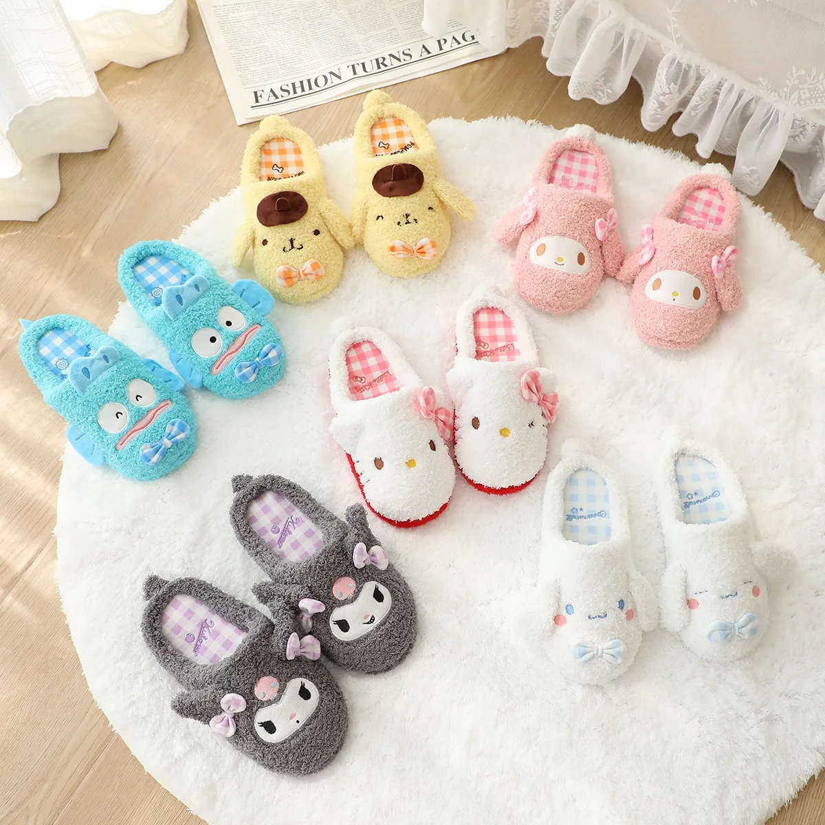 

Cartoon Sanrio My Melody Hello Kitty Home Cotton Slippers Japanese Style Girls Indoor Floor Non-Slip Plush Couple Slippers