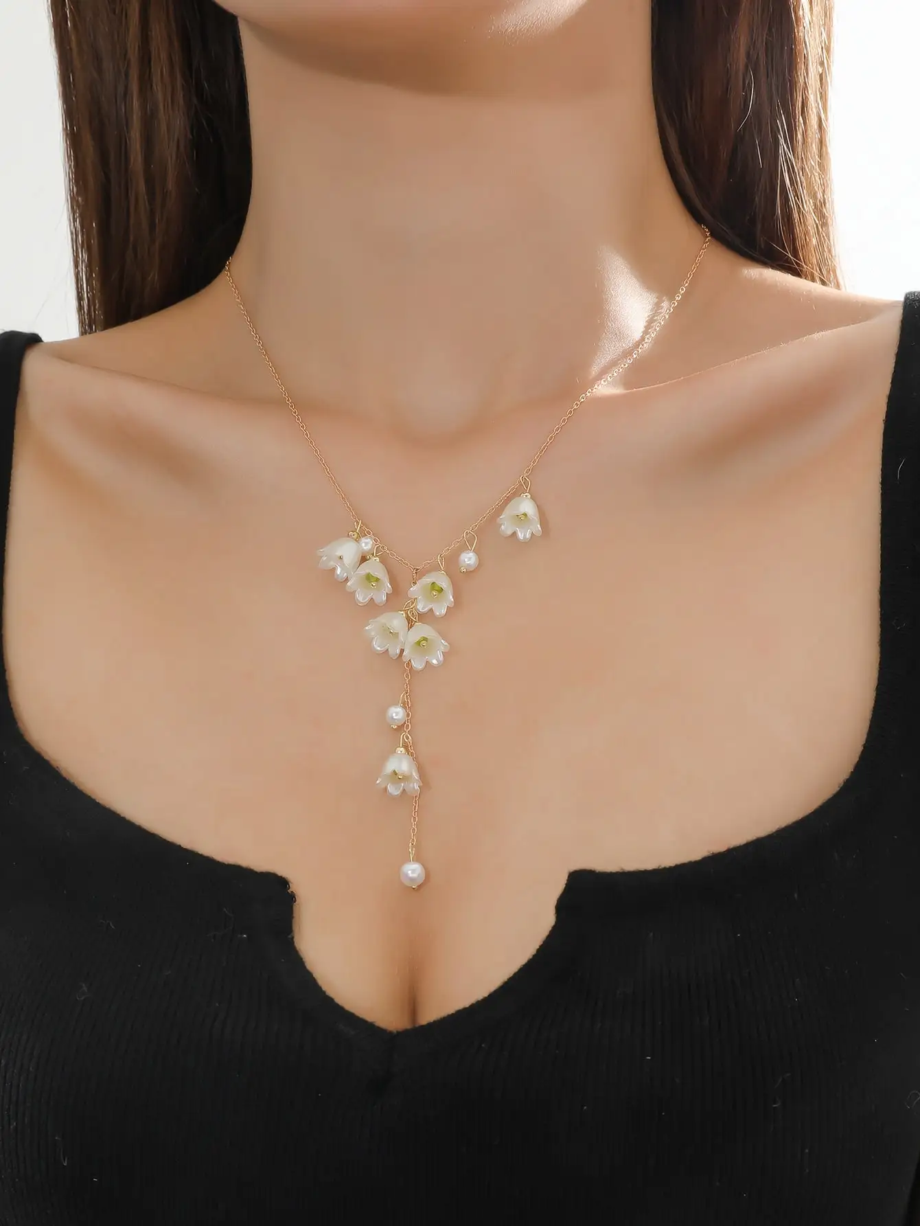 

Flower Pearl Charm Y Lariat Necklace for Women