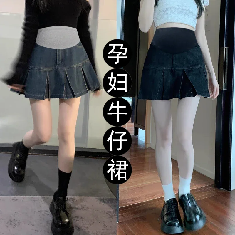 레트로 플리츠 A 라인 데님 임산부 미니 스커트, 신축성 허리 배 슬림, 임신 반바지 청바지 바지, 여름