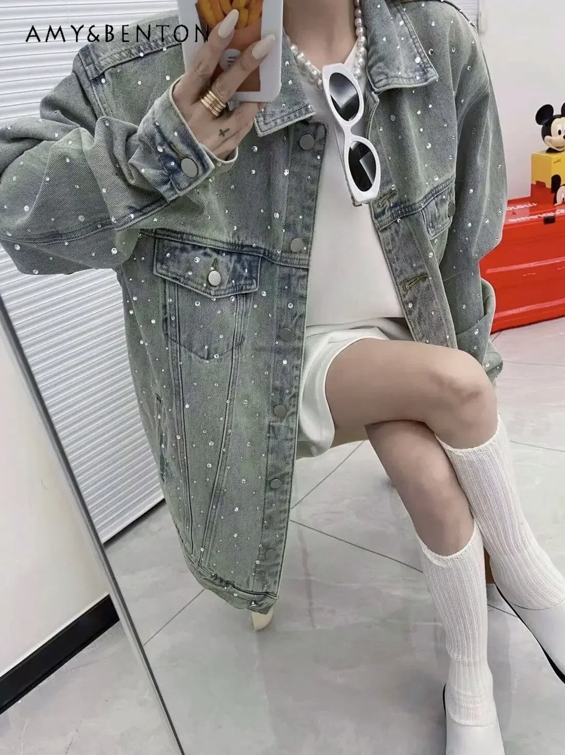 Spring 2023 Retro Casual Rhinestone Sequined Denim Jacket Coat Women's New Bf Style Retro Blue Casual Jeans Jacket Mujer Girls