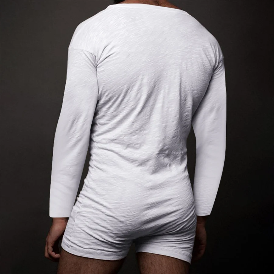 Sexy Pajamas Jumpsuit Men Solid Color Tight O-neck Long Sleeve Sleepwear Summer One-piece Buttons Home Clothes with Shorts