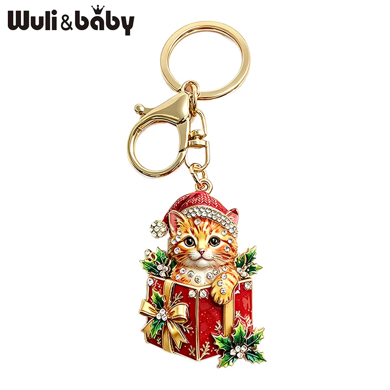 Wuli&baby Niedlicher Weihnachts-Geschenkbox-Katzen-Schlüsselanhänger für Damen und Herren, 2-farbig, Neujahrs-Schlüsselanhänger, modischer Schmuck, Geschenke