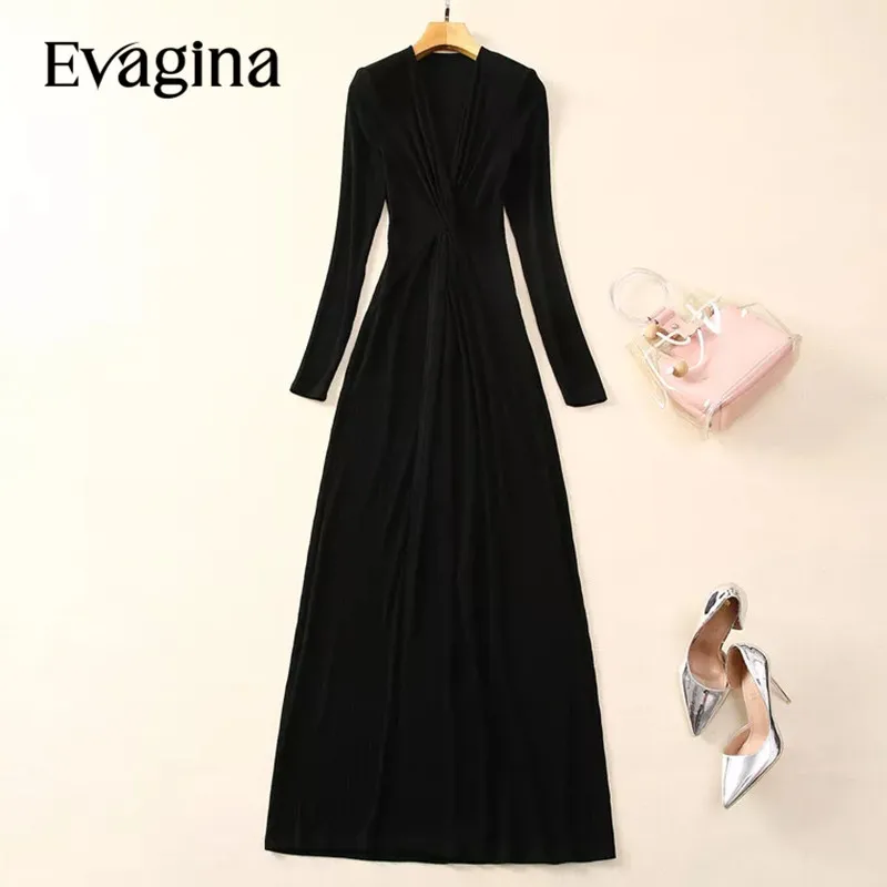 

Evagina New Fashion Runway Designer Women's Temperament V-Neck Slim-Fit Long Dress Black Bag Butt Slit Dress