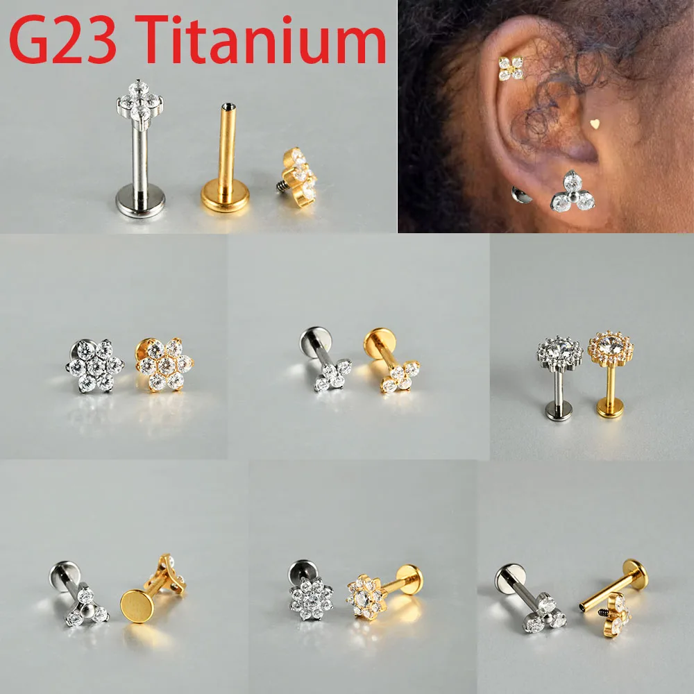 Серьга-гвоздик из титана G23 для пирсинга, ювелирное изделие для губ, козелка уха, завитка ушной раковины, подсолнуха, лючка с фианитом, 1 шт.