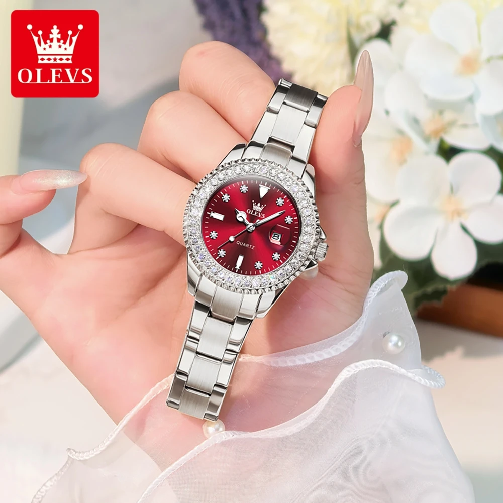 OLEVS 9945 Woman Watches Original Luxury Diamond Scale Quartz Watch For Women Steel Strap Waterproof Luminous Date Wristwatch
