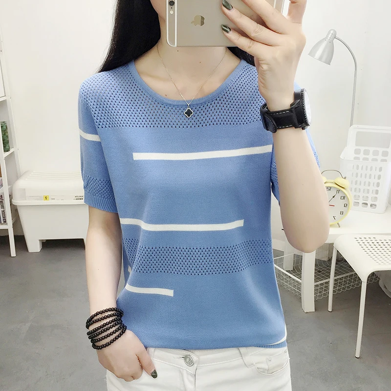 

Thin Knitted Short Sleeve Striped T Shirt Women Summer Tops Hollow Out Casual T-Shirts Woman clothes Tee Shirt Femme Camisetas