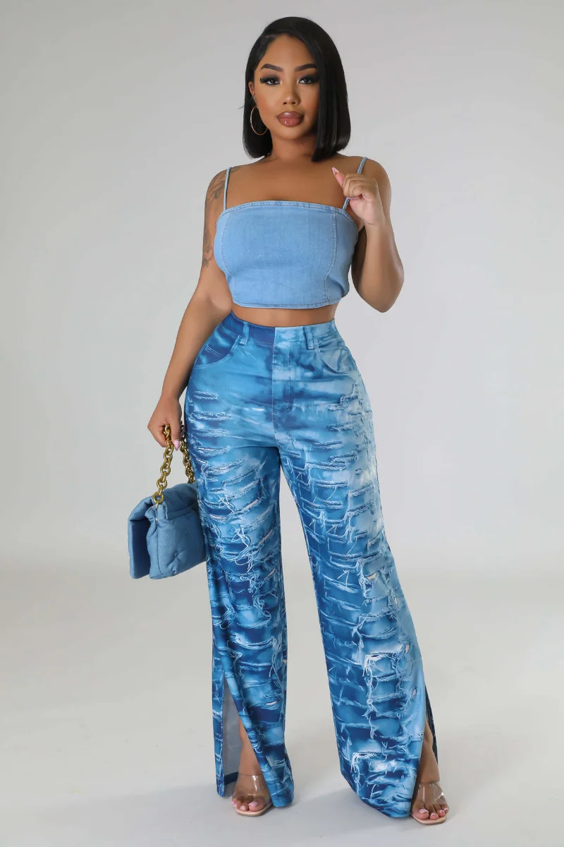

KEXU Fake Jean Printed Side Slit Wide Leg Flare Pants 2023 Summer Women Street Fashion Straight Trousers