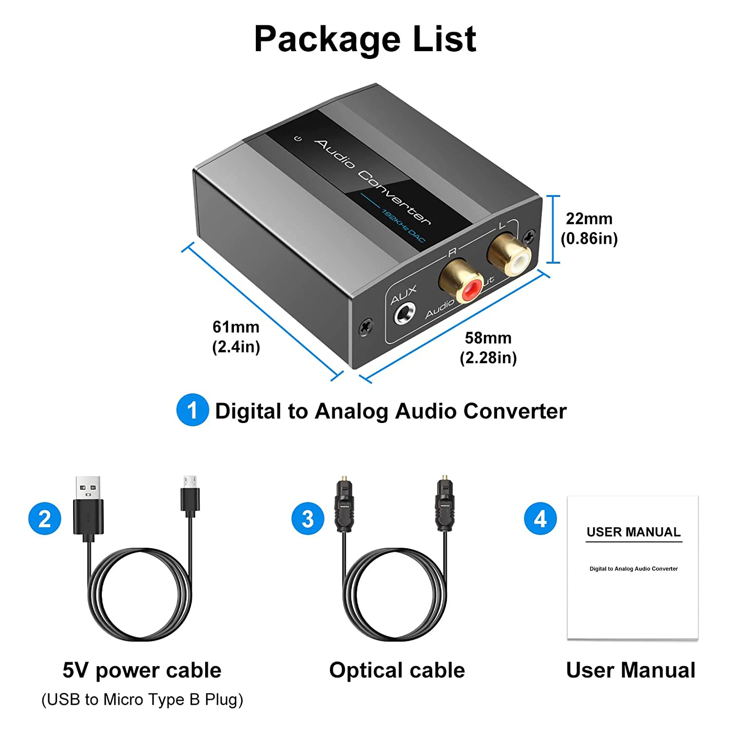Optical to RCA Converter Audio Converter Digital to Analog Audio Coaxial RCA Adapter 3.5mm AUX with Optical Cable