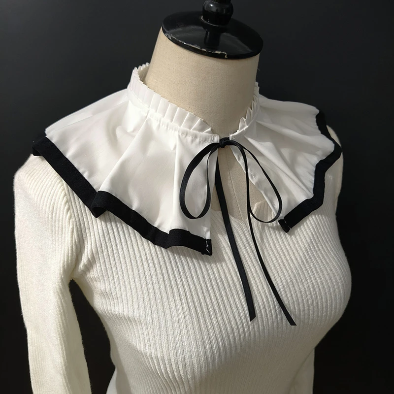 Retro Abnehmbare Schal Clown Kostüm Frauen Schwarz Weiß Dance Gefälschte Kragen Revers Cape Plissee Doppel Schicht Kragen Neck Ruff – Detail 5