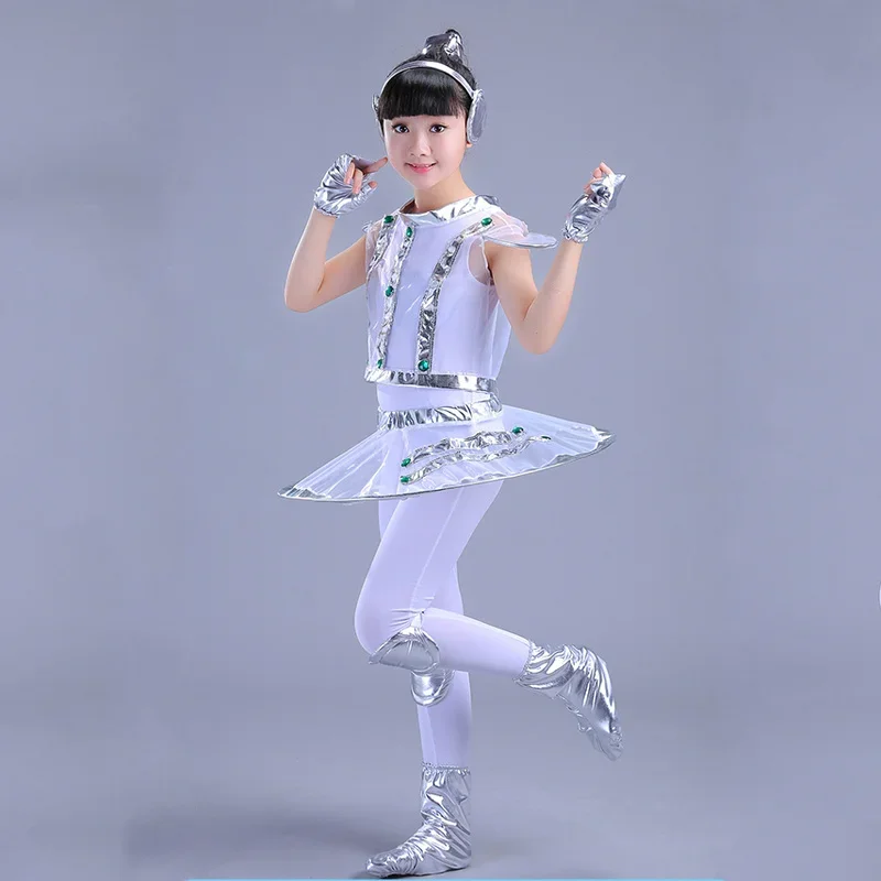 Kids Robot Costume White Silver Astronaut Performance Space Stage Dance Show Time Clothing Unisex Dance Clothes Boy or Girl cosplay costume,kids girls dress