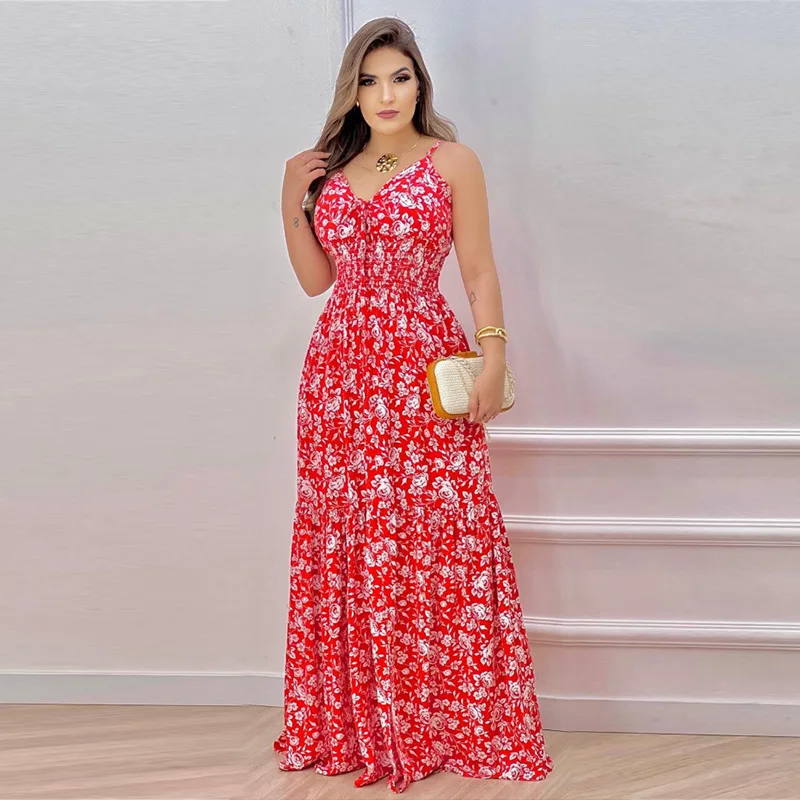 

Wepbel Floral Print Waist-Controlled Lace-up Dress Summer Camis Dress Women Sexy Spaghetti-Strap Full Length Long Maxi Dress