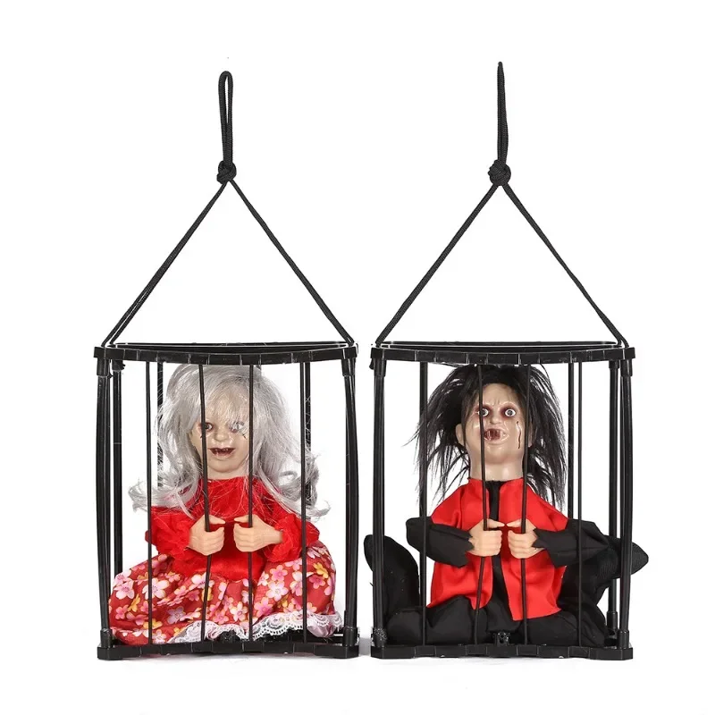 

Thriller Halloween Decoration with Motion Sensor,Scary Doll Cage Prisoner Haunted House Decor,Spooky Hanging Ghost Light Up Eyes