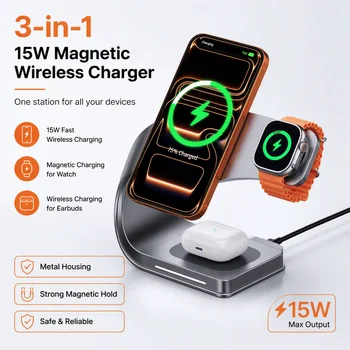 Support de Chargeur Sans Fil en Métal Magnétique 15W – Station de Recharge Rapide 4-en-1 pour iPhone 12-17, Téléphones Mobiles, Airpods et Montres