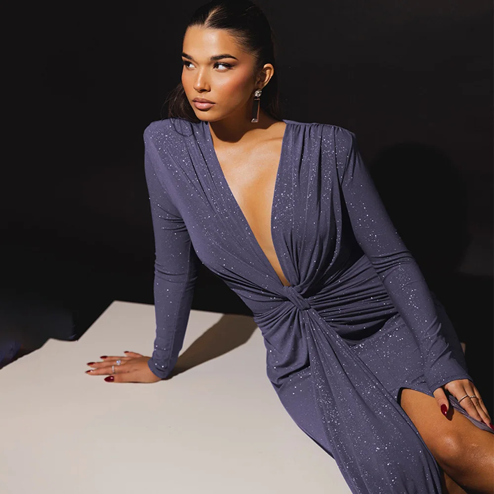 Elegant Long Sleeve Elastic Tight Party Evening Dress For Women Sexy Deep V-Fold Lace Vestido Autumn/Winter New 2025