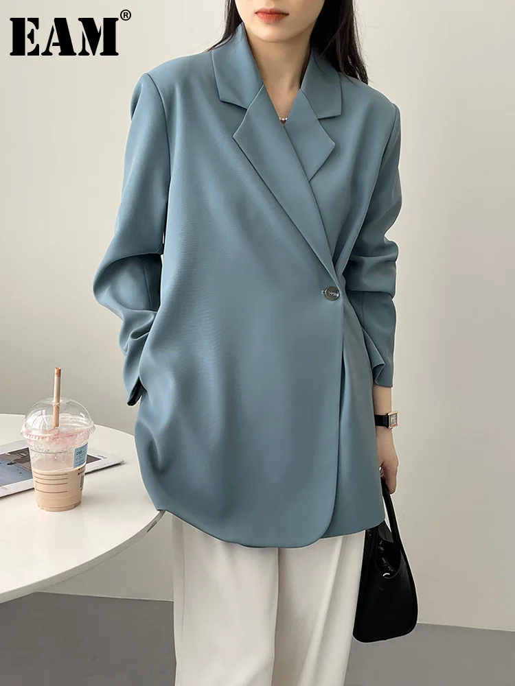 [EAM] Women Blue Irregular Button Big Size Elegant Blazer New Lapel Long Sleeve Jacket Fashion Tide Spring Autumn 2024 1DH4944