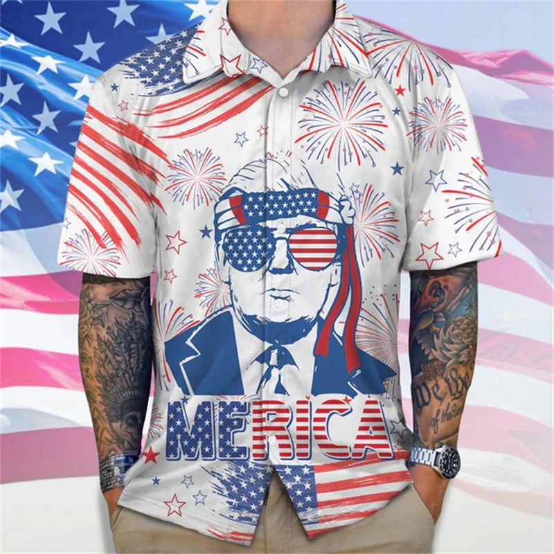 thumbnail image 1 of Bandera de Estados Unidos Donald Trump disparando Levanta el puño Fotos Nunca te rindas 14 de julio de 2024 Camisas hawaianas divertidas en 3D Blusas, 1 of 4