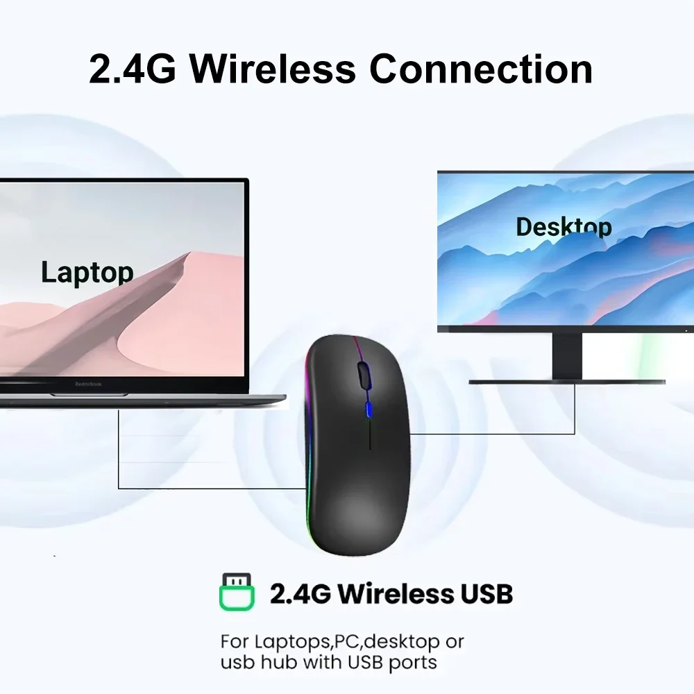 Wireless mouse 2.4G RGB colorful rechargeable silent USB gaming 1600DPI PC laptop Macbook Pro