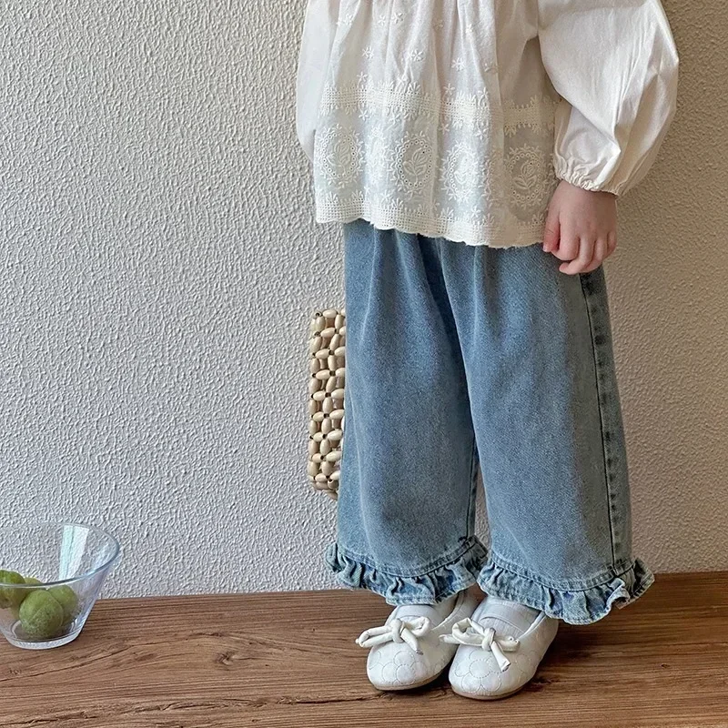Kids Jeans Girls New 2024 Spring  Autumn Childrens Fashion Casual Wide-leg Pants Lace Princess Sweet and Lovely 5
