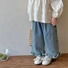 Kids Jeans Girls New 2024 Spring  Autumn Childrens Fashion Casual Wide-leg Pants Lace Princess Sweet and Lovely 5