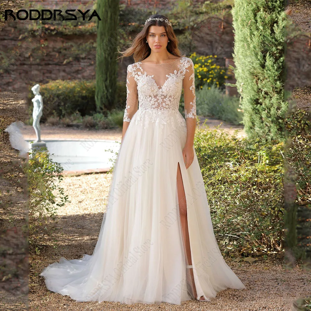 

RODDRSYA 3/4 Sleeves Scoop Wedding Dress Side Split A-Line Tulle Illusion Button Back Applique Boho Bride Gowns robe de mariée