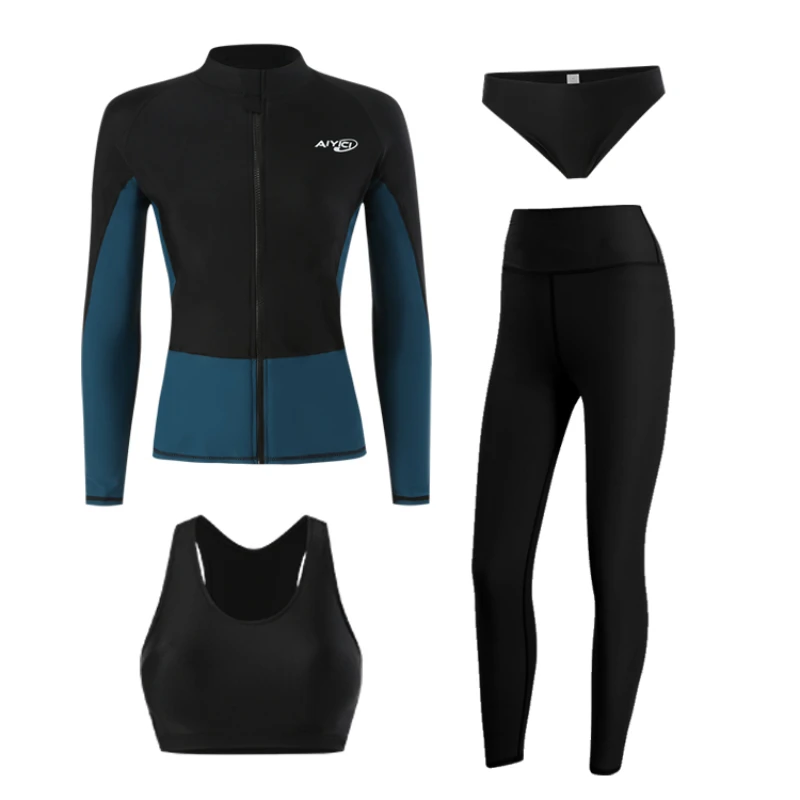 Couple Rash Guards Women Men 4/3 Pieces Swimsuit Patchwork Zipper O Neck Swimwear Long Sleeve Sport Surfing Bathing Suit Wetsuit