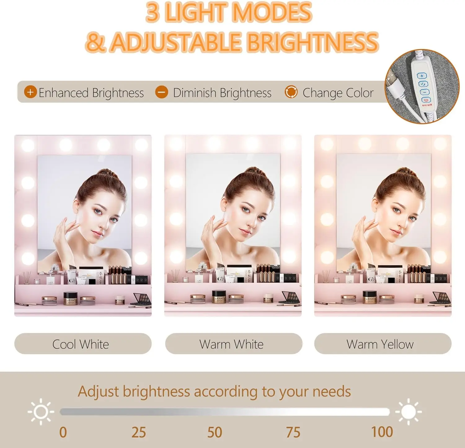 Desk with Mirror and Lights 43" Pink Makeup Dressing Table Set with 5 Drawers & Chair Power Outlet 3 Lighting Modes Adjustable