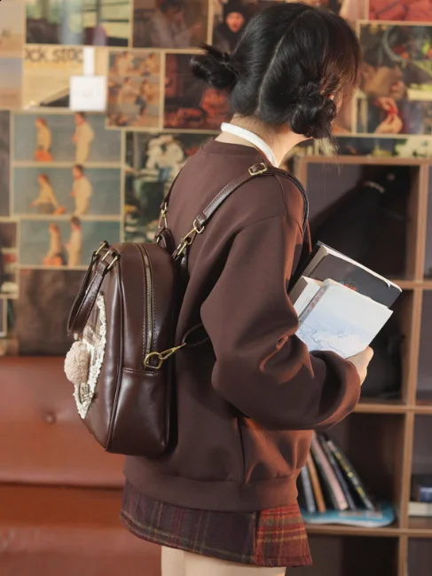 JIAERDI College Style Lolita Coffee Backpack Women Sweet Cute Lace Bear Large Capacity Schoolbag Student Y2k Backpacks Female