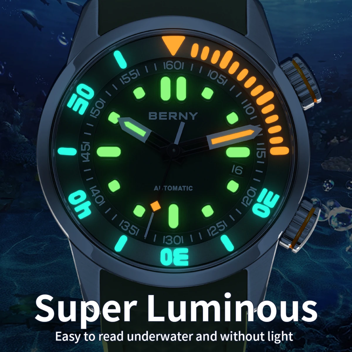 รูปสินค้า นาฬิกาผู้ชาย BERNY 20Bar DIVER ซิลิโคน ทนน้ำ ชิป Miyota 8215