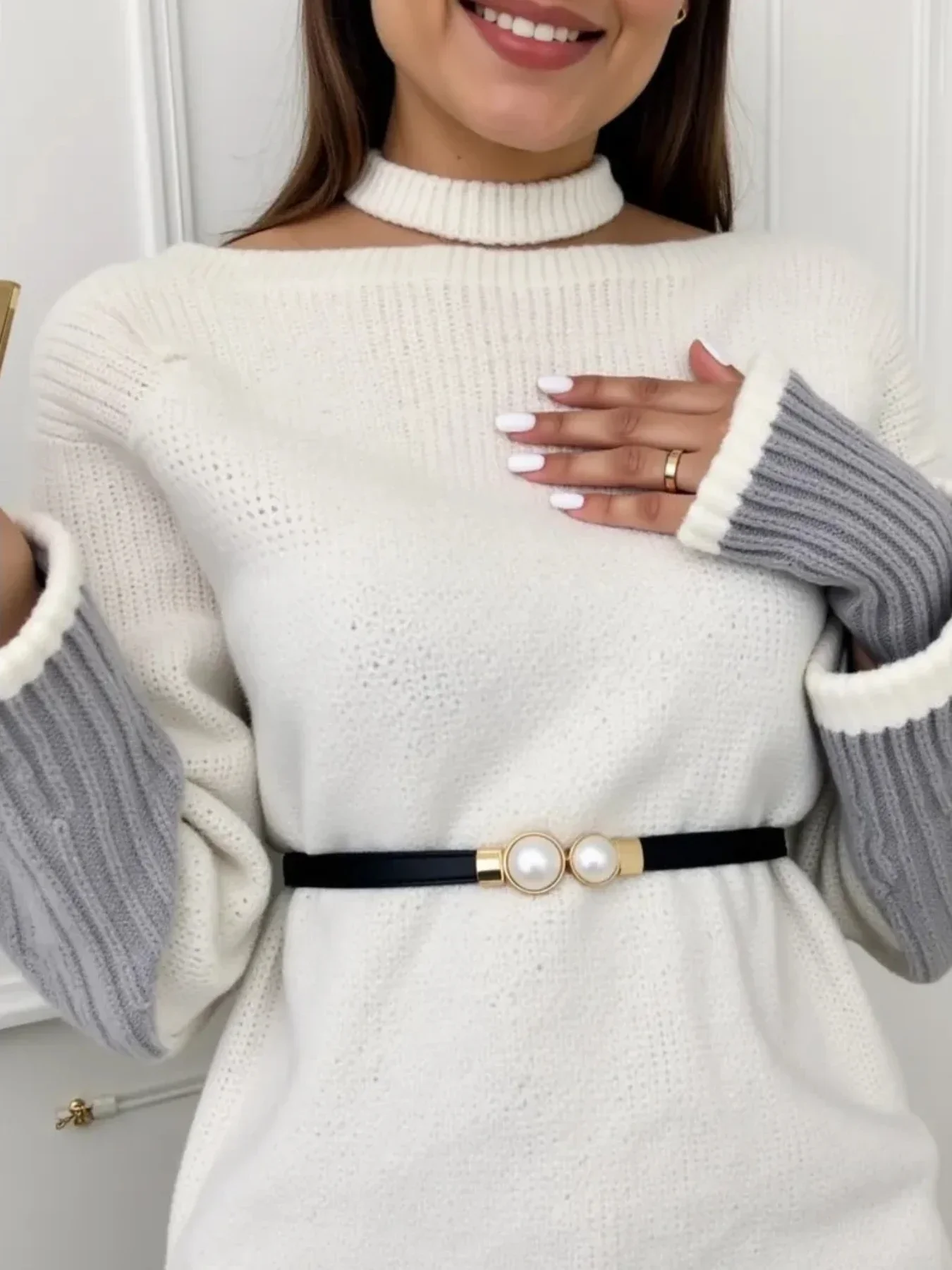 1 Stück Neuer Eleganter Vintage Perlen-Taillengürtel, Koreanischer Stil Pullover-Jacken-Gürtel mit Haken, Elastischer Schmaler Ledergürtel für Damen – Detail 5