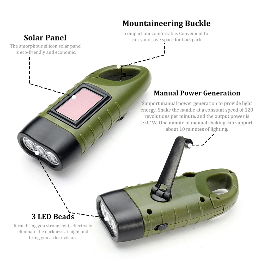 Portable Solar Powered LED Flashlight Hand Crank Rechargeable Survival Gear  Self Powered Charging Torch Dynamo For Camping Light