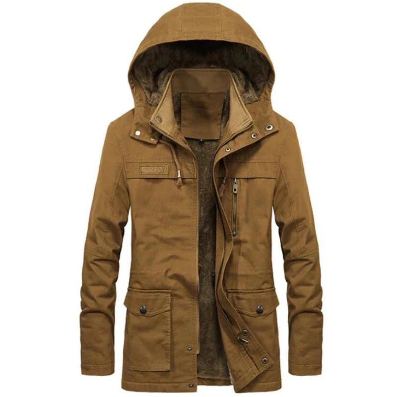 

New Winter Jacket Men Windbreaker Hooded Plus Velvet Washed Jackets Mens Casual Outwear Windproof Long Coat Size 5XL Clothes