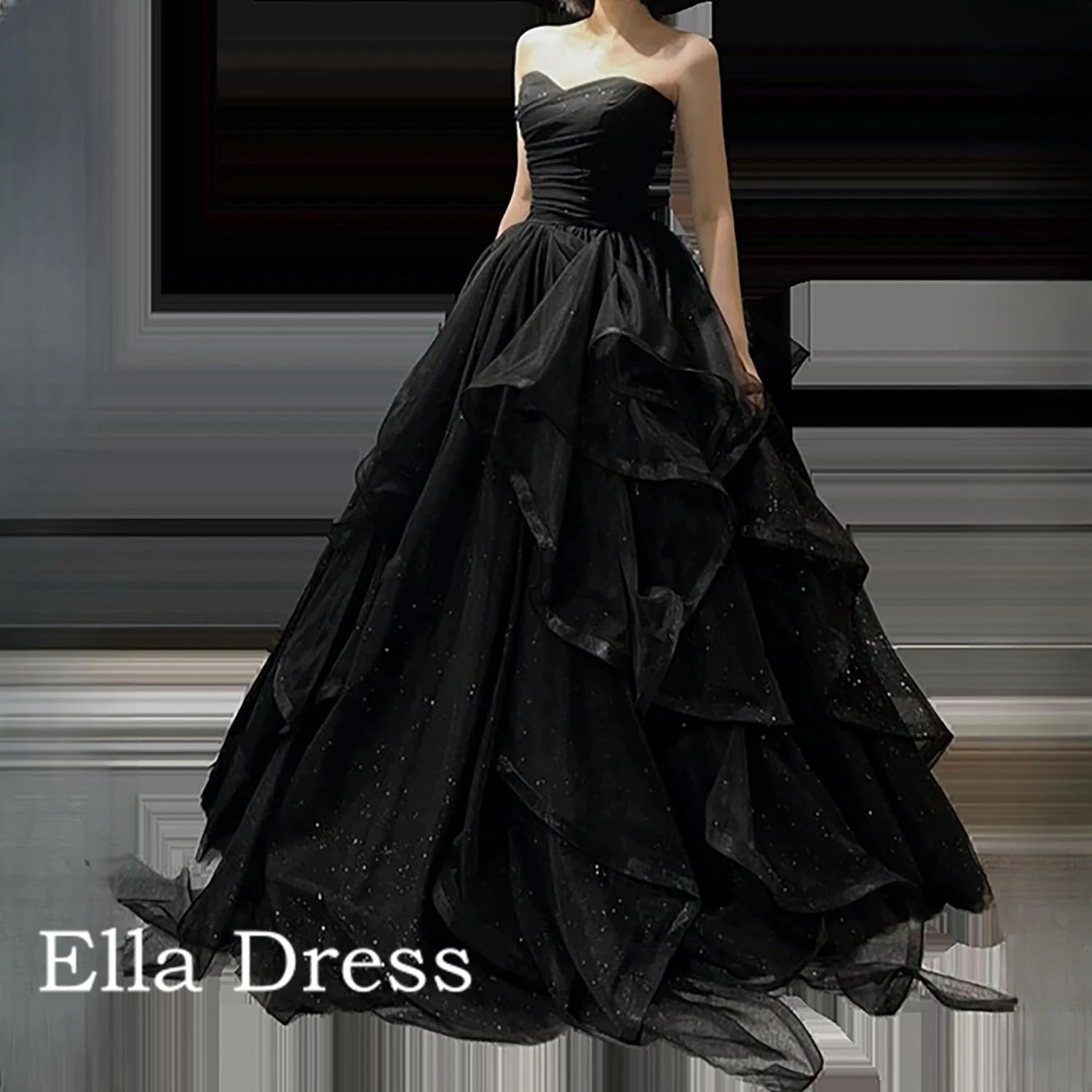 

Ella Elegant Black Elegant Wedding Party Dress Strapless Layered Draped Prom Robe 2023 New Prom Dress Forma