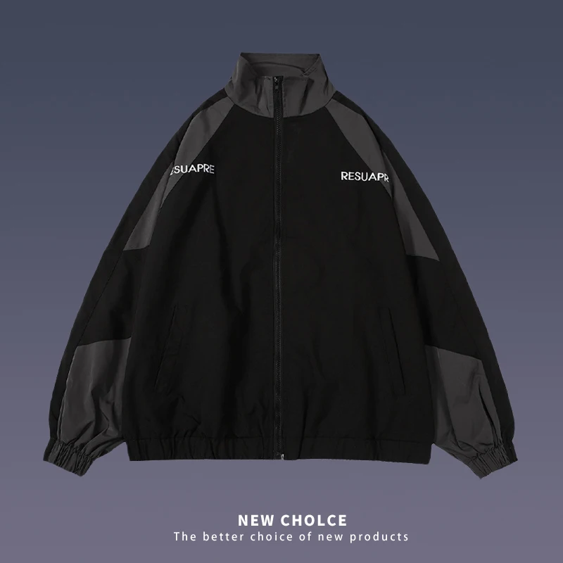 

Hong Kong Style Men Jacket Letter Stitching Contrast Color Coat Hiphop Oversize Casual Top Spring Autumn Couple Outfit Unisex
