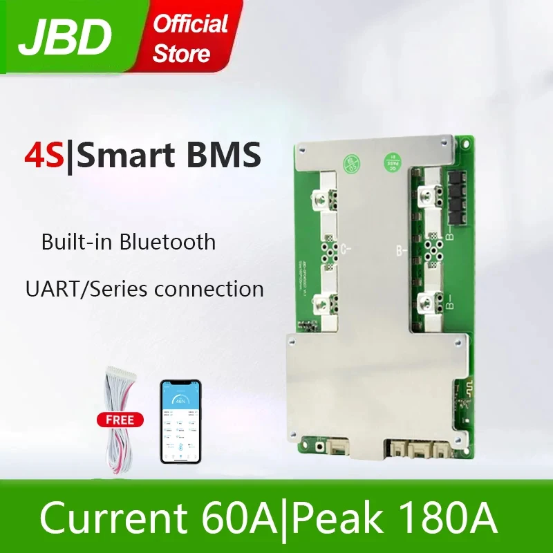 

JBD BMS Li-ion LifePo4 4S 12V 60A Smart Bms UART Communication Temp Sensor Integrate BT Balance Function For Lithium Battery