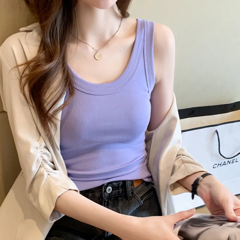 Summer New Inner Vest Sleeveless Slim Fit Elastic Korean Version Threaded  Tops Outer Wear T-Shirt Women's Custom LOGO - AliExpress