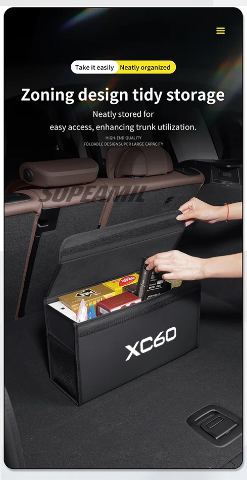 Auto Carbon Faser Leder Lagerung Box Organizer Große Kapazität Faltbare Verstauen Aufräumen Tasche Für Volvo XC90 XC60 Auto Zubehör – Detail 6