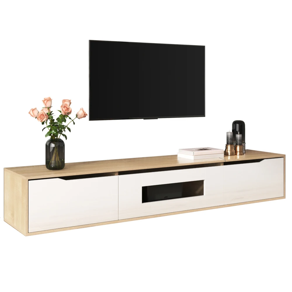 PINGGO Hochglanz-TV-Schrank Farblich Abgestimmte LED-Beleuchtung Weiß Holzton Heimunterhaltungs-Aufbewahrungseinheit – Detail 20