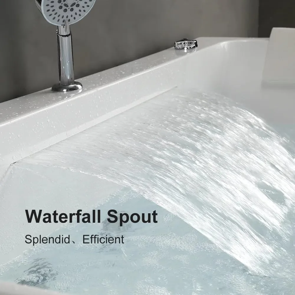 59'' Modern Acrylic Alcove Whirlpool Bathtub, Rectangular Water Massage Bathtub LED Soaking Tub with Bathtub Filler Faucet 3