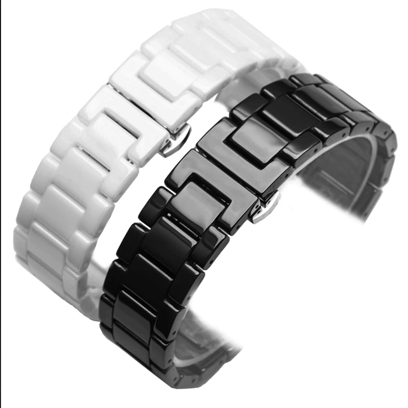 Elegant Stainless Steel & Ceramic Butterfly Clasp Watchband with Curved Interface