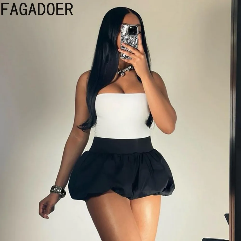 FAGADOER Fashion Y2K Streetwear Women Off Shoulder Sleeveless Backless Tube And Puff Mini Skirts Two Piece Sets Female Outfits