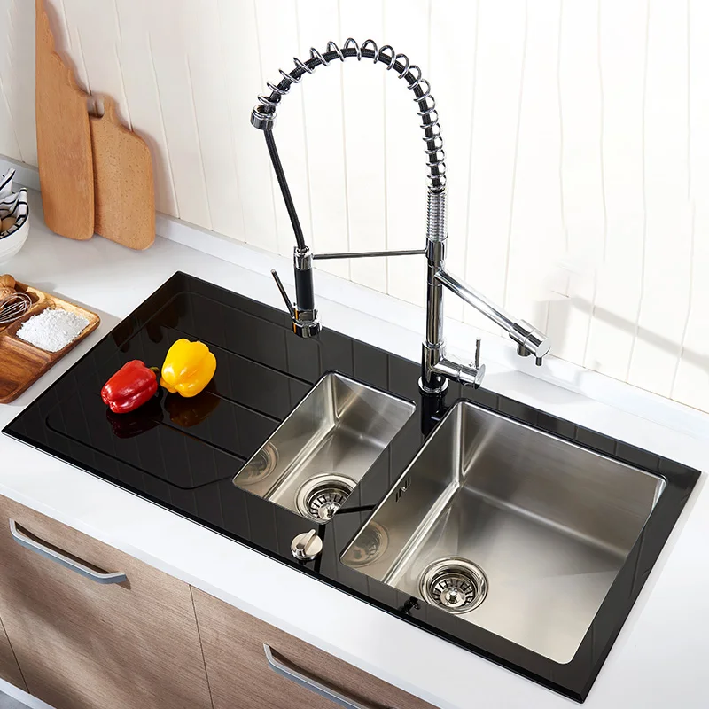 Fregaderd Kitchen Sink Tempered glass sink Washbasin Stainless Steel Double Sink