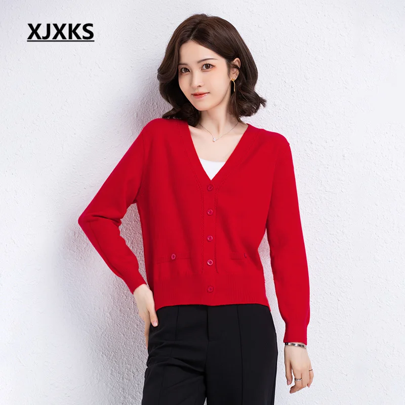 

XJXKS 2022 Autumn And Winter Latest Fashion V-neck Single-breasted Cardigan Women's Sweater Coat Wool Knitted Jacket