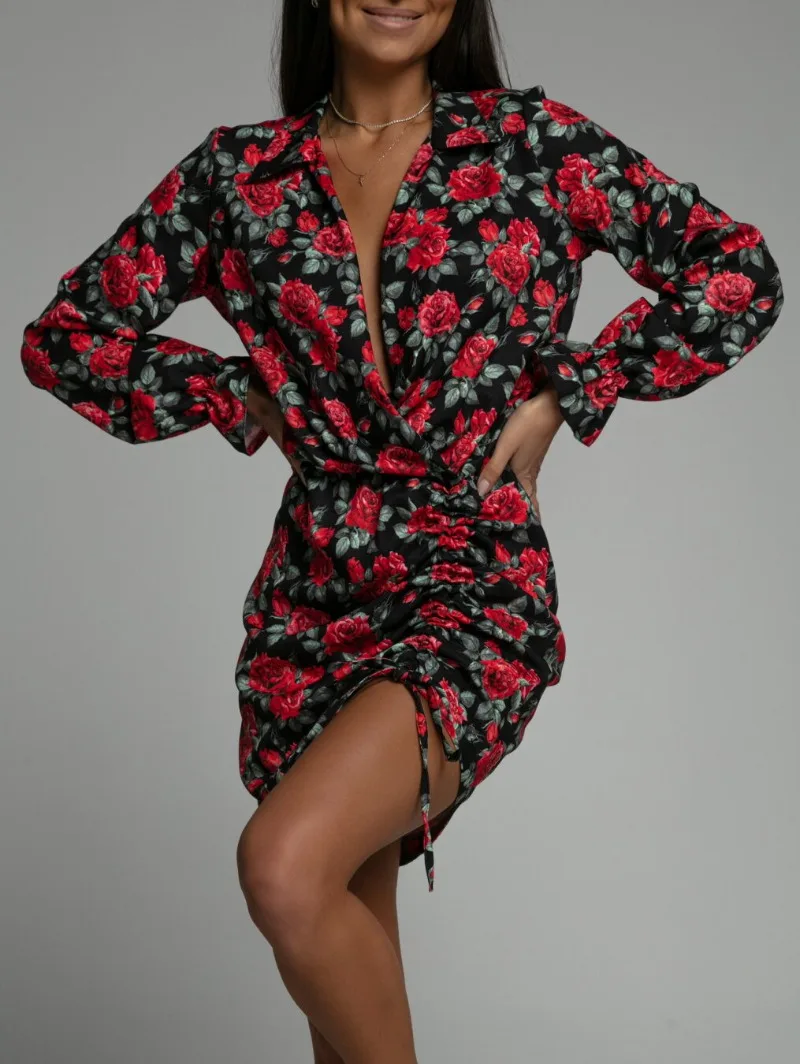 Women's clothing fashionable casual comfortable trendy printed long sleeved lapel sexy drawstring style dress